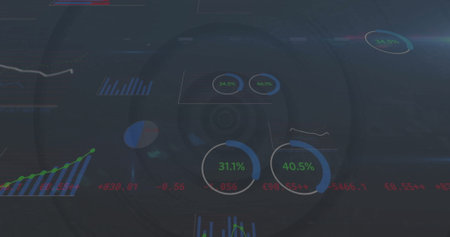 Image of statistics and data processing over dark background. Global finance, business, connections, computing and data processing concept digitally generated image.の写真素材
