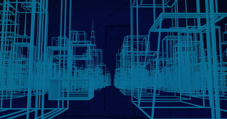 Image of 3d architectural line drawings of buildings in city street. Data, digital interface, architecture, design, connection and communication, digitally generated image.の写真素材