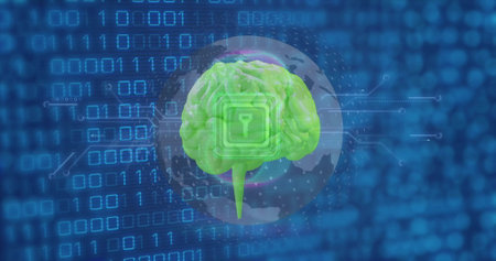 Image of key icon, human brain, binary coding and data processing. Global artificial intelligence, connections, computing and data processing concept digitally generated image.の写真素材