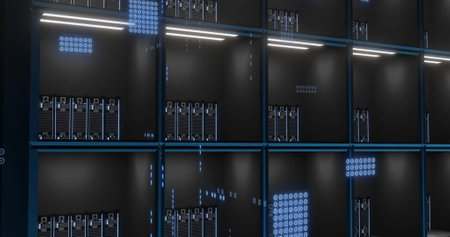 Image of digital data processing over computer servers. Global connections, computing and data processing concept digitally generated image.の写真素材