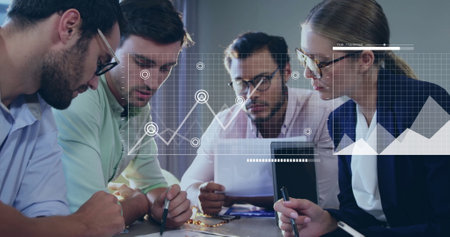 Image of financial data processing over diverse business people in office. Global finance, business, connections, computing and data processing concept digitally generated image.の写真素材