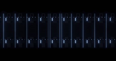 Image of digital data processing over computer servers. Global connections, computing and data...