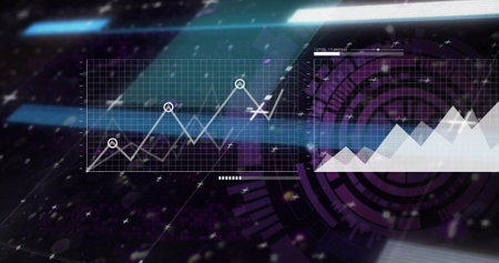 Image of digital data processing over scope scanning. Global connections, computing and data processing concept digitally generated image.の写真素材