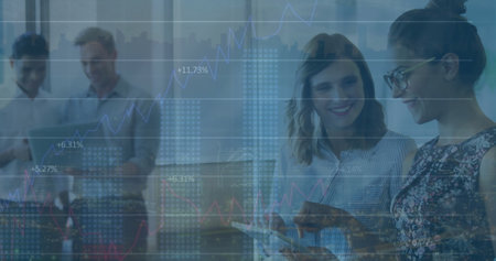 Image of data processing and diagrams over diverse business people discussing work. Global business,...