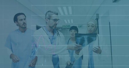 Image of financial data processing over diverse doctors in hospital. Global medicine, connections, computing and data processing concept digitally generated image.の写真素材