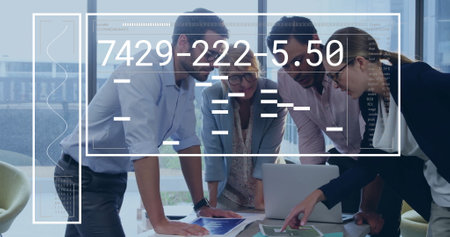 Image of financial data processing over diverse business people in office. Global finance, business, connections, computing and data processing concept digitally generated image.の写真素材