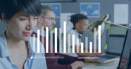 Image of financial data processing over diverse business people in office. Global finance, business,...