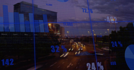Image of financial data processing over cityscape. Global finance, business, connections, computing and data processing concept digitally generated image.の写真素材
