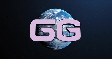 Image of 6g text over globe on dark background. global connections, computing and data processing concept digitally generated image.の写真素材