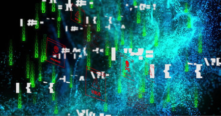 Image of malware text with skull and bones, binary coding and data processing. Global connections, cloud computing and data processing concept digitally generated image.の写真素材