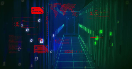Image of credit cards binary coding and data processing over computer servers. Global connections,...