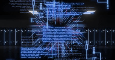 Image of circuit board and digital data processing over computer servers. Global connections,...