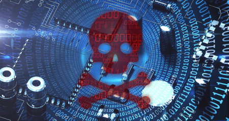 Image of skull and bones, binary coding and data processing over computer servers. Global cyber...
