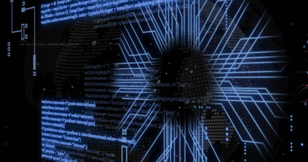 Image of digital data processing over computer circuit board and globe. Global connections,...