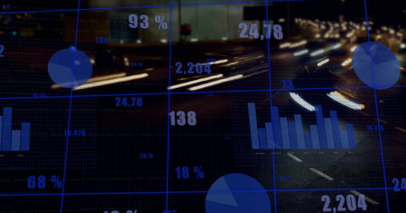 Image of data processing over cityscape. Global finance, business, connections, computing and data processing concept digitally generated image.の写真素材
