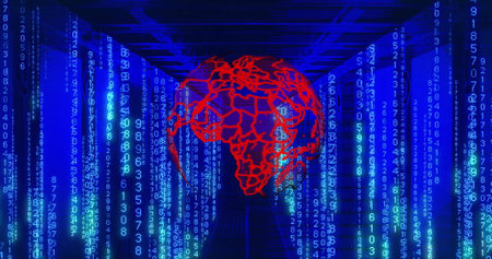 Image of globe, binary coding and data processing over computer servers. Global cyber security, connections, cloud computing and data processing concept digitally generated image.の写真素材