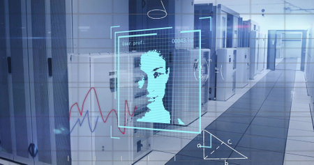 Image of biometric photo and digital data processing over computer servers. Global connections,...