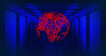 Image of globe and data processing over computer servers. global cyber security, connections, data processing concept digitally generated image.の写真素材