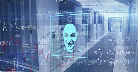 Image of biometric photo and digital data processing over computer servers. Global connections,...