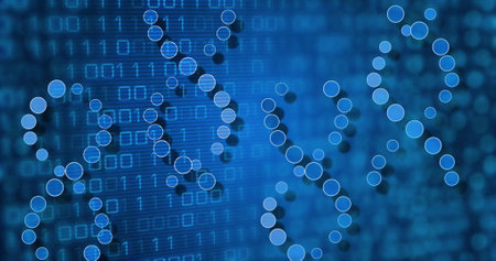 Image of dna strands over binary coding. Global science, technology and digital interface concept digitally generated image.の写真素材