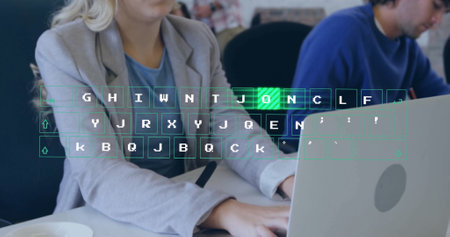 Image of data processing over diverse business people in office. Global finance, business, connections, computing and data processing concept digitally generated image.の写真素材