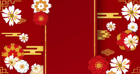 Image of chinese traditional decorations with copy space on red background. Chinese new year, festivity, celebration and tradition concept digitally generated image.の写真素材
