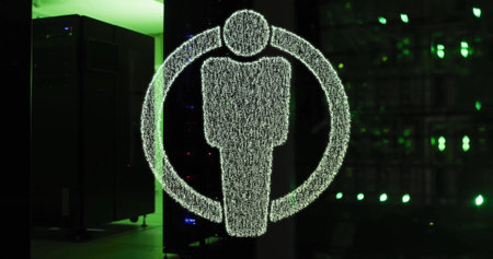 Digital human figure inside circle image over data center servers. Technology, network, cyber, futuristic, information, circuitの写真素材