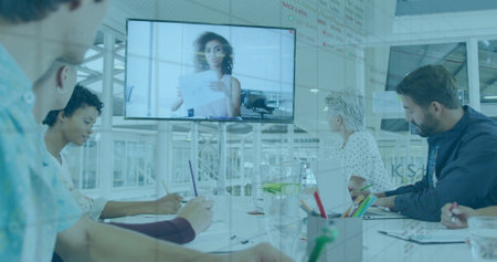 Image of charts processing data over diverse colleagues having business image call. Network, data,...