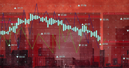 Image of digital data processing over cityscape. Global connections, computing and data processing...