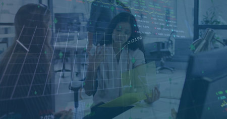 Image of financial data processing over diverse business people in office. Global finance, business,...