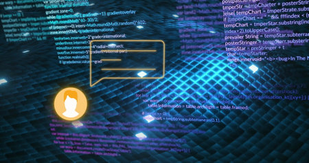 Image of icon and speech bublle and data processing over dark background. Global finance, business,...