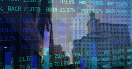 Image of stock market and diagrams over cityscape. Global business, city and digital interface concept, digitally generated image.の写真素材
