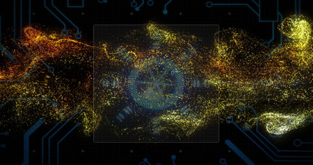 Image of digital data processing and scope over circuit board and flames. Global connections,...