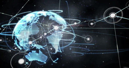 Image of network of connections with spots over globe. Global connections, computing and data...