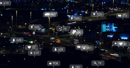 Image of social media icons with growing numbers over cars on street. Global social media,...