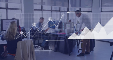 Image of financial data processing over diverse business people in office. Global finance, business,...