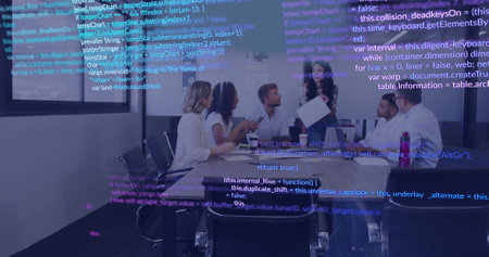 Image of financial data processing over diverse business people in office. Global finance, business,...