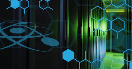 Image of scientific data processing over computer servers. Global science, connections, computing...