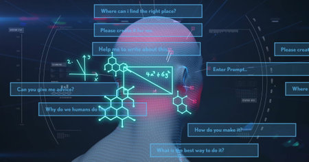 Scientific formulas and questions over image of human head and molecular structures. Science,...