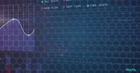 Image of data processing and diagrams on blue background. Technology and digital interface concept...