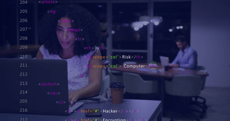 Image of financial data processing over diverse business people in office. Global finance, business, connections, computing and data processing concept digitally generated image.の写真素材