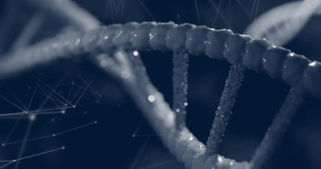 Image of floating molecules over dna strand. Science, shapes and digital interface concept digitally...