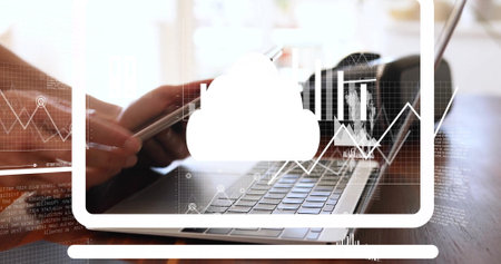 Image of financial data processing over caucasian woman using tablet. Global finance, business,...
