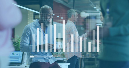 Image of data processing and diagrams over diverse colleagues during break in office. Global...