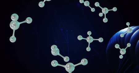 Image of floating molecules over dark background. science, shapes and digital interface concept digitally generated image.の写真素材