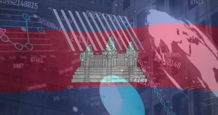 Image of financial data processing over flag of cambodia. Global finance, business, connections, computing and data processing concept digitally generated image.の写真素材