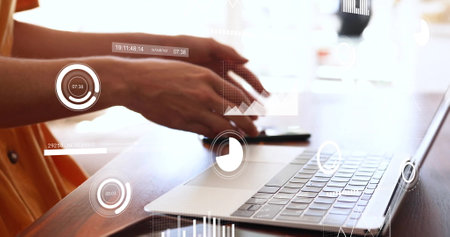 Image of financial data processing over caucasian woman using smartphone. Global finance, business,...