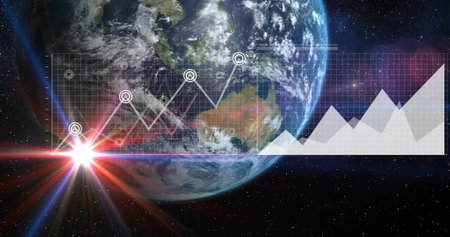 Image of data processing over globe and statistics. Global finance, business, connections, cloud...