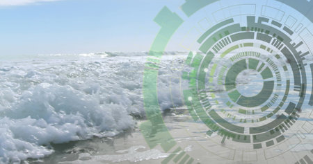 Image of scope scanning and data processing over seascape. Global business, connections, computing...