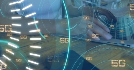 Image of 5g text and digital data processing using laptop. Global connections, computing and data processing concept digitally generated image.の写真素材